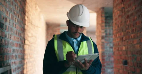 Black man, tablet and writing on construction site for inspection, task brief or Vídeos de archivo 337154819