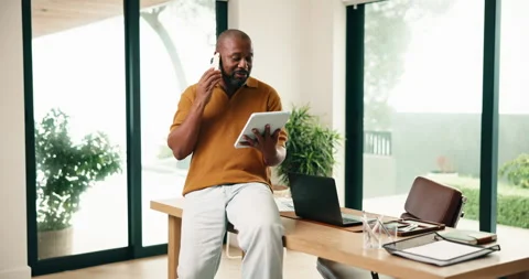 Black man, tech and phone call with chat for remote work, editing article and Stock Footage 337863651