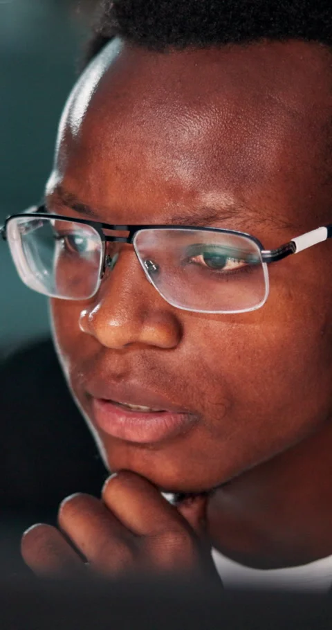 Black man, thinking and night with software developer for AI control, system Stock Footage 306741036