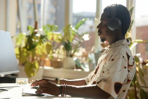 Black Man using Computer in Sunlight Stock Photos
