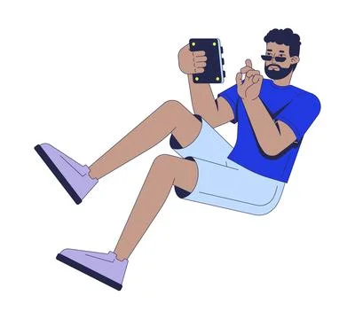 Black man using gadget buttons in relaxed pose 2D cartoon character Stock Illustration
