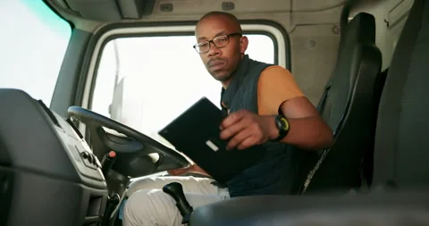 Black man, van and check on tablet for logistics schedule, courier app and Stock Footage 270755199