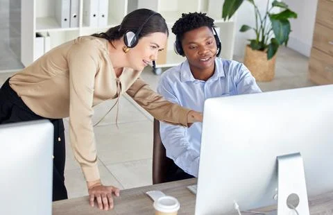 Black man, woman or call center computer training in crm consulting office, b2b Stock Photos