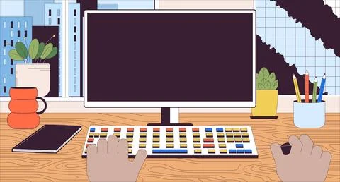 Black man working on computer 2D linear illustration concept イラスト素材