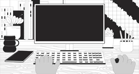 Black man working on computer 2D linear illustration concept Stock-Illustration