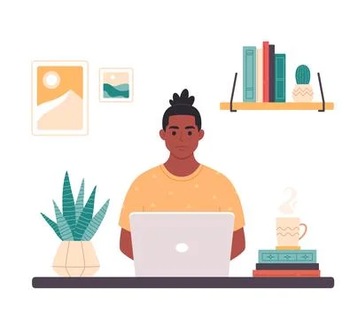 Black man working with computer. Home office, freelance, remote working Stock Illustration