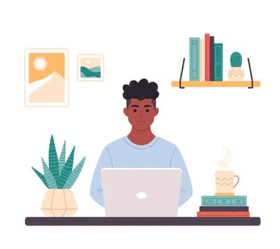 Black man working with computer. Home office, freelance, remote working, Illustrazione stock