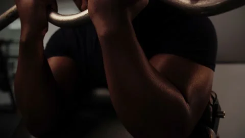 Black man workout with barbell training arms in gym.Bodybuilder training Stock Footage 225716202