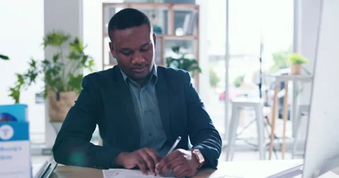 Black man, writing or computer in office for healthcare, patient report or Stock Footage 294881187