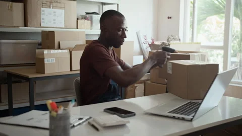 Black Manager Checking Parcels with Scanner in Storage Office Stock Footage 281717387
