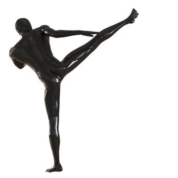 Black mannequin guy kicks a high kick in the side stance. Isolated on a white Illustrazione stock