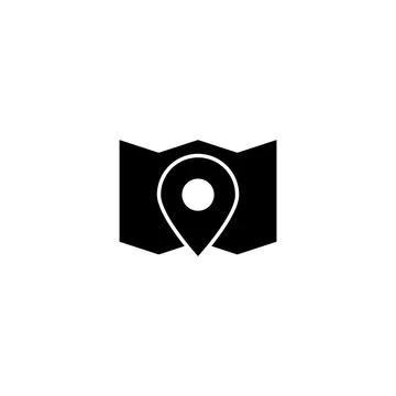 Black map icon with location pin, symbolizing navigation, GPS direction, an.. Stock Illustration