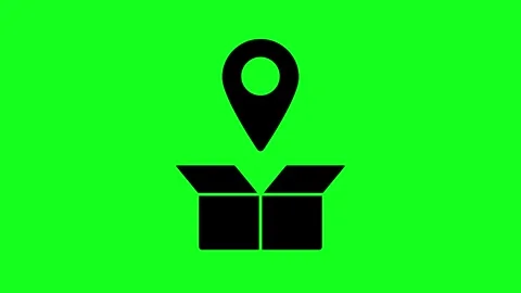 Black map pin hovers above open box on green background Stock Footage 346223743