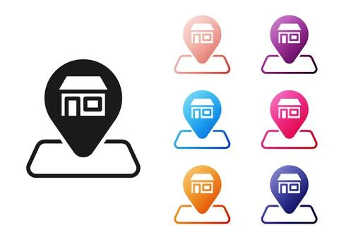 Black Map pin with Shopping building or market store icon isolated on white Ilustración de archivo