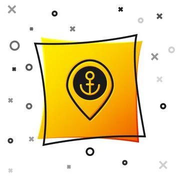 Black Map pointer with anchor icon isolated on white background. Yellow squ.. Stockillustratie