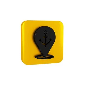 Black Map pointer with anchor icon isolated on transparent background. Yellow Stockillustratie