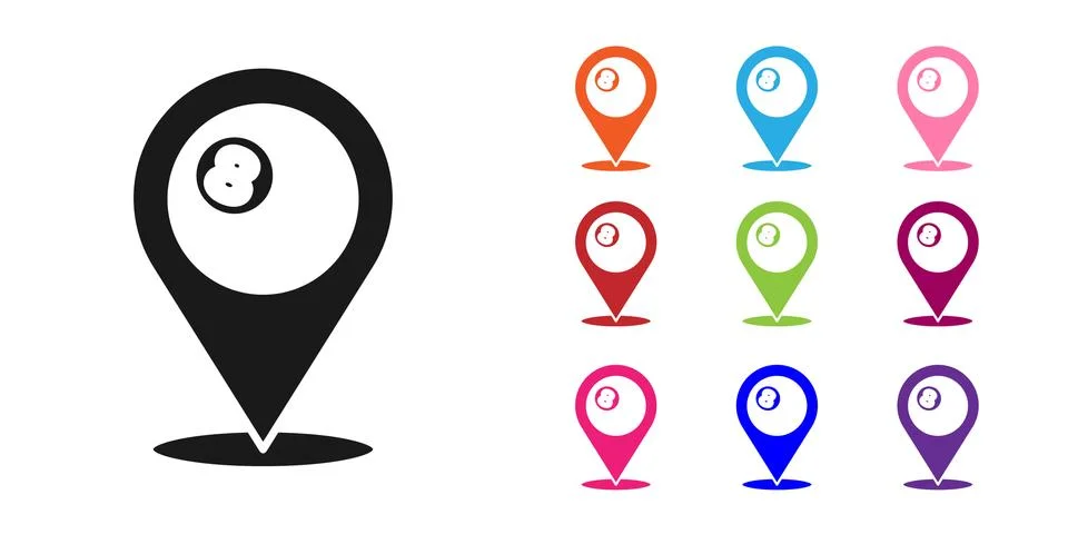 Black Map pointer with billiard pool snooker ball with number 8 icon isolated on Stock Illustration