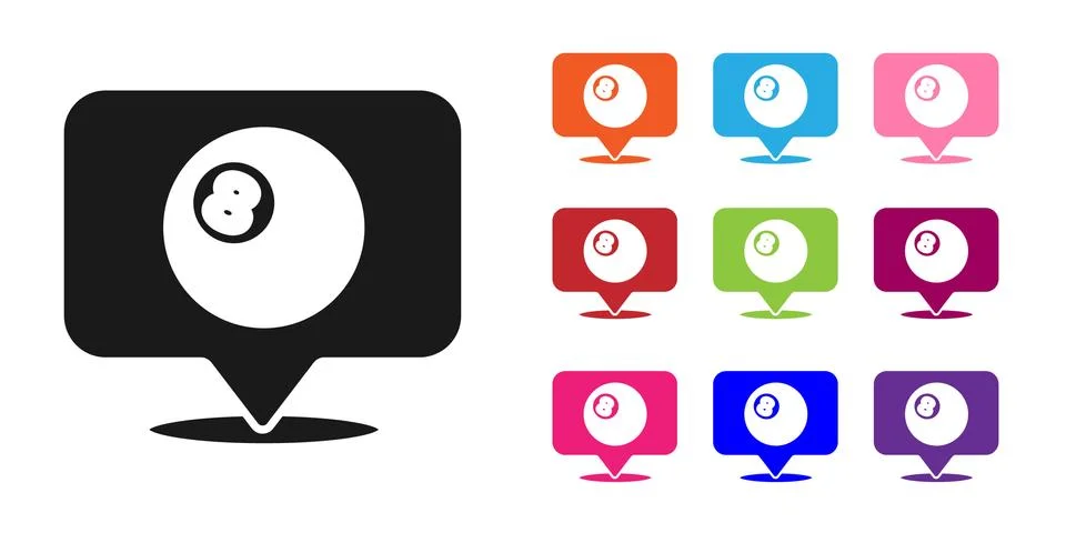 Black Map pointer with billiard pool snooker ball with number 8 icon isolated on Stock Illustration
