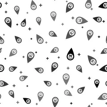 Black Map pointer with bus icon isolated seamless pattern on white background Stock Illustration