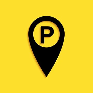 Black Map pointer with car parking icon isolated on yellow background. Long 스톡 일러스트