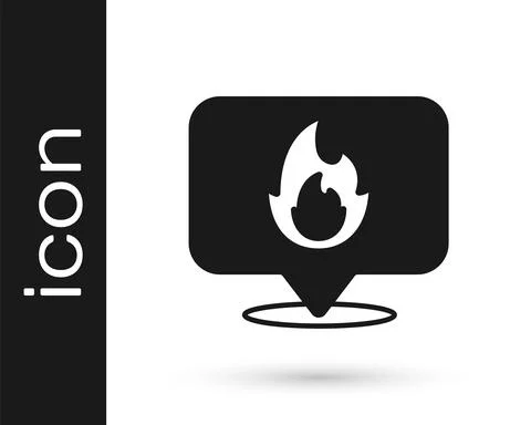 Black Map pointer with fire flame icon isolated on white background. Fire nearby Illustrazione stock