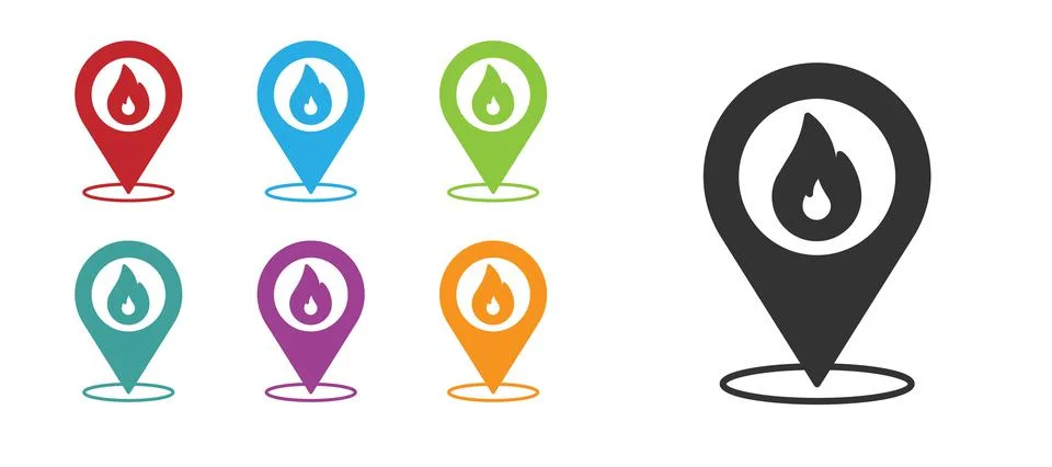 Black Map pointer with fire flame icon isolated on white background. Fire nearby Stockillustratie