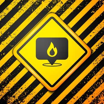 Black Map pointer with fire flame icon isolated on yellow background. Fire .. Stock Illustration