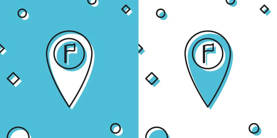 Black Map pointer with golf flag icon isolated on blue and white background 스톡 일러스트