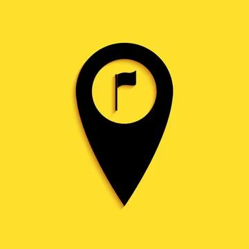 Black Map pointer with golf flag icon isolated on yellow background. Location Stock Illustration