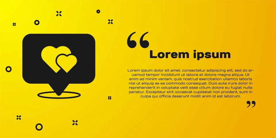 Black Map pointer with heart icon isolated on yellow background. Valentines.. Stock Illustration