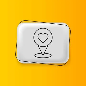 Black Map pointer with heart icon isolated on yellow background. Valentines.. Illustrazione stock