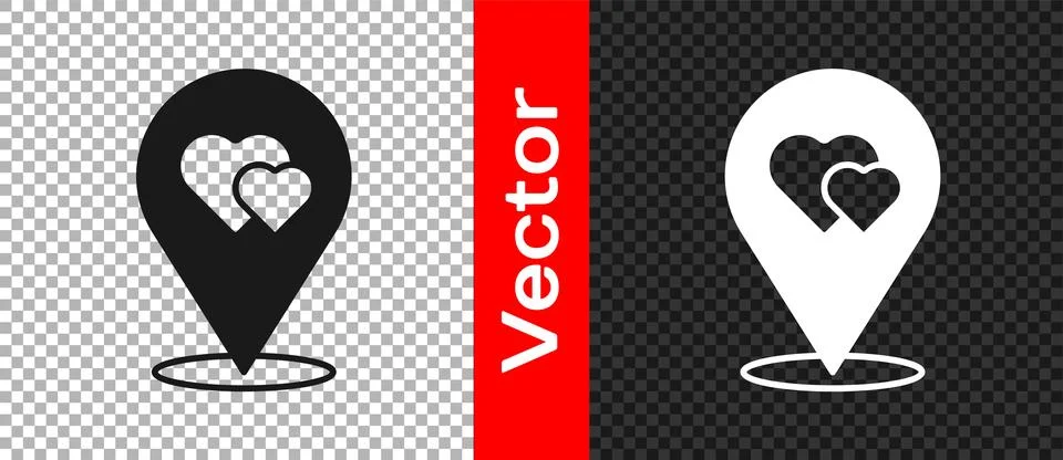 Black Map pointer with heart icon isolated on transparent background. Valen.. 库存插图