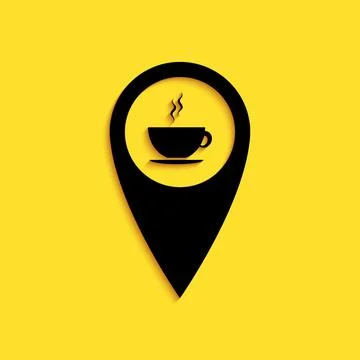 Black Map pointer with hot coffee cup icon isolated on yellow background. Long イラスト素材