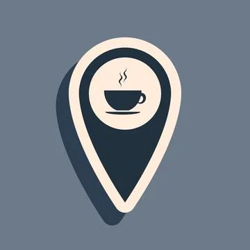 Black Map pointer with hot coffee cup icon isolated on grey background. Long 스톡 일러스트