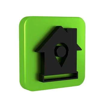 Black Map pointer with house icon isolated on transparent background. Home .. Stockillustratie