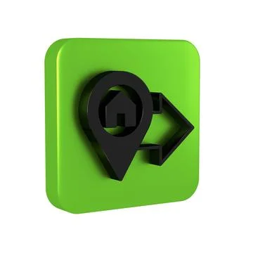 Black Map pointer with house icon isolated on transparent background. Home .. Illustrazione stock