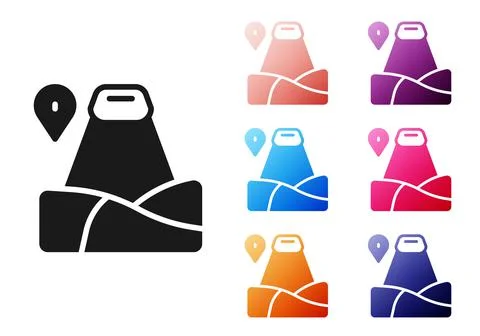 Black Map pointer with mountain icon isolated on white background. Mountains  Stockillustratie