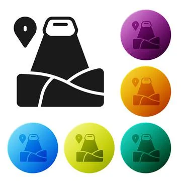 Black Map pointer with mountain icon isolated on white background. Mountains Stock Illustration