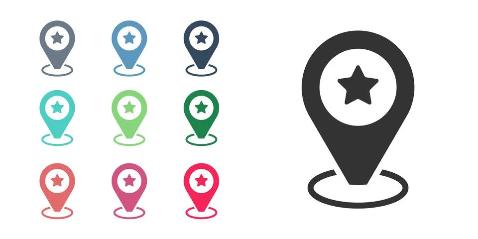 Black Map pointer with star icon isolated on white background. Star favorite pin Stock Illustration