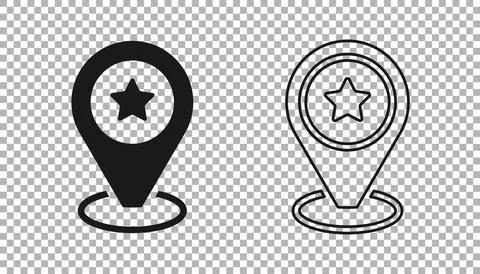 Black Map pointer with star icon isolated on transparent background. Star Illustrazione stock