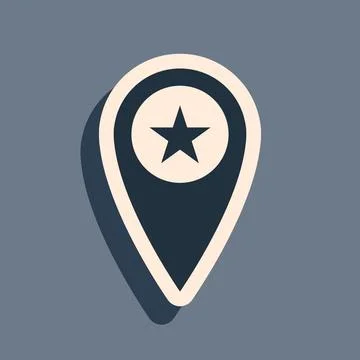 Black Map pointer with star icon isolated on grey background. Star favorite pin Stock Illustration