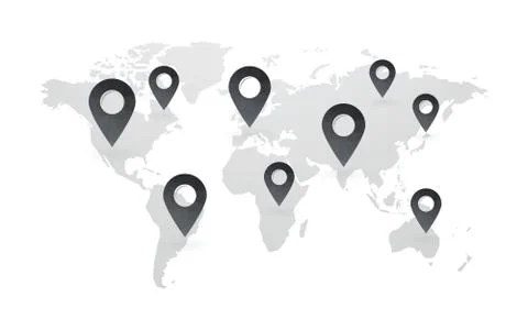 Black map pointers with world map isolated Stock Illustration