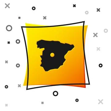 Black Map of Spain icon isolated on white background. Yellow square button 스톡 일러스트