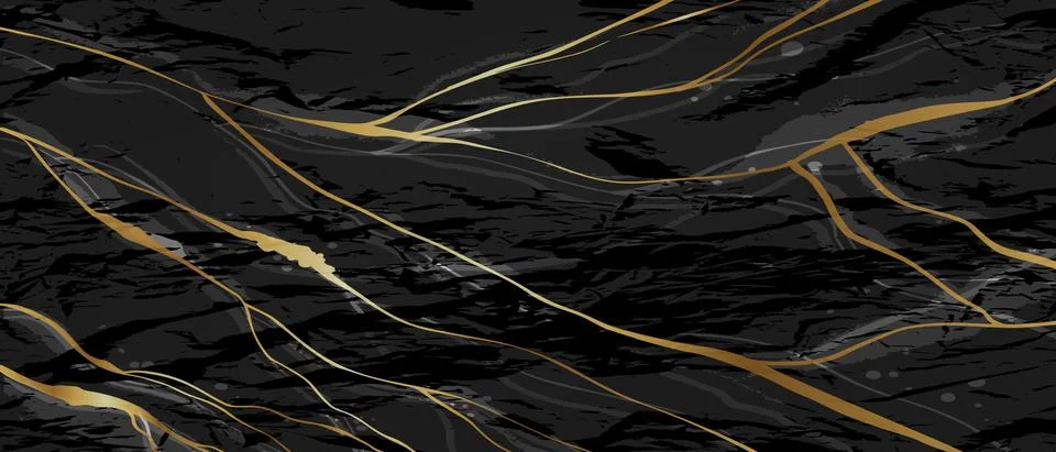 Black marble background, vector luxury dark rock texture, golden lines Stock Illustration