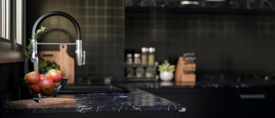 Black marble kitchen countertop featuring a sink with a faucet, a knife and.. Stock Illustration