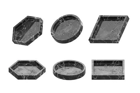 Black marble plates with frames 3d render icons set. Realistic empty stone イラスト素材