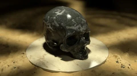 The black marble skull on a white platform in sand. 3d llustration Stock Illustration