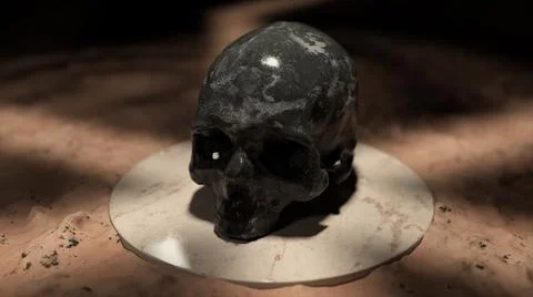 The black marble skull on a white platform in sand. 3d llustration Illustration