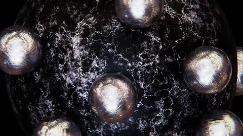 Black marble sphere with rolling small steel metallic spheres as satellites イラスト素材