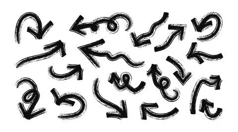 Black marker hand drawn bold arrows. Collection of grunge doodle pointer in d Stock Illustration